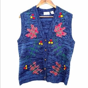 Vintage Cricket Lane Ugly Christmas Grandmacore Plaid & Leaf Button Sweater Vest
